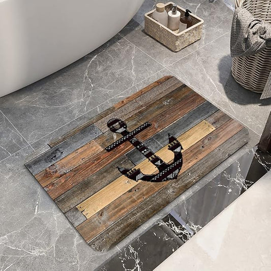 Bath Rugs Sponge Foam Absorbent Soft for Bathroom and Kitchen (30 x18 inches),Flannel Mat Non Slip Bright 3D Print for Bedside and Living Room(Old Wooden Plank Anchor)