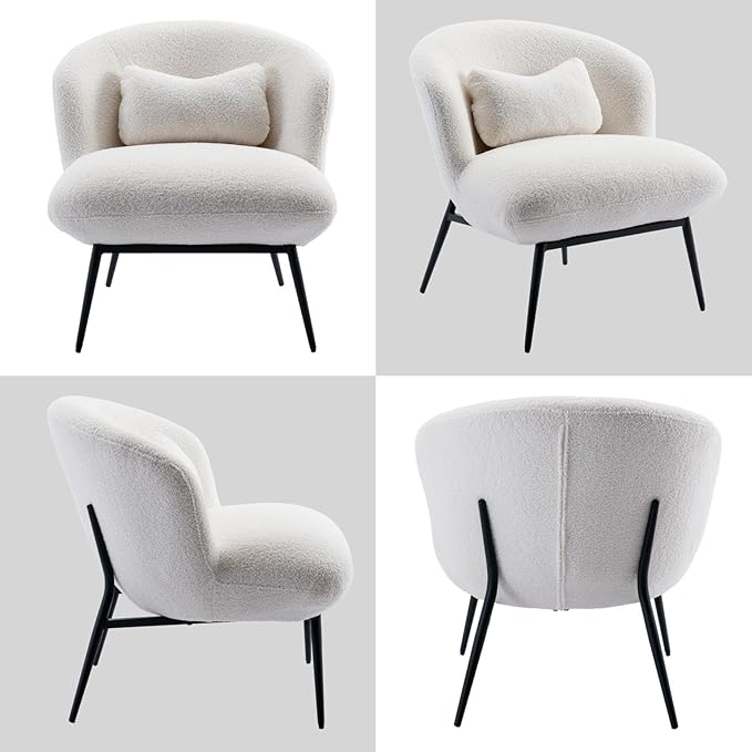 DUOMAY Modern Accent Chair, Sherpa Upholstered Leisure Boucle Single Sofa Lounge Chair with Lumbar Pillow Metal Legs Slipper Chair for Living Room Bedroom Office, White