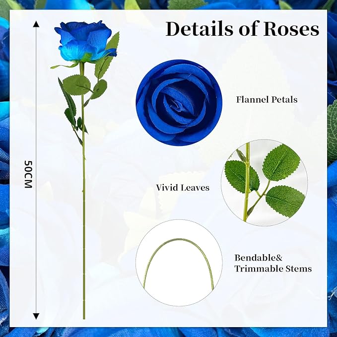 10 PCS Artificial Roses with Long Stems Silk Flowers Realistic Foam Flowers Fake Roses for Valentine's Day Home Wedding Halloween Decor(Blue)