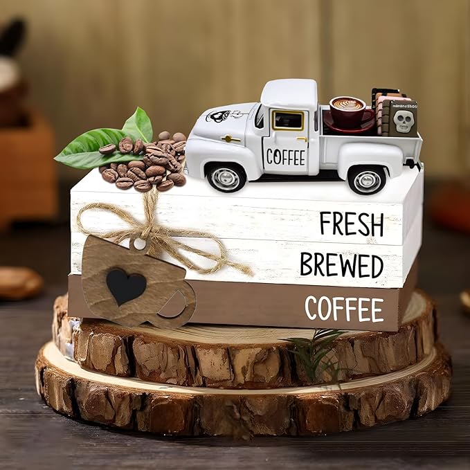 Coffee Decor for Coffee Bar Vintage Metal Truck with Mini Fake Books and Coffees Farmhouse Tabletop Coffees Ghost Sign Halloween Tiered Tray Decor Rustic Table Centerpiece for Home Kitchen, White