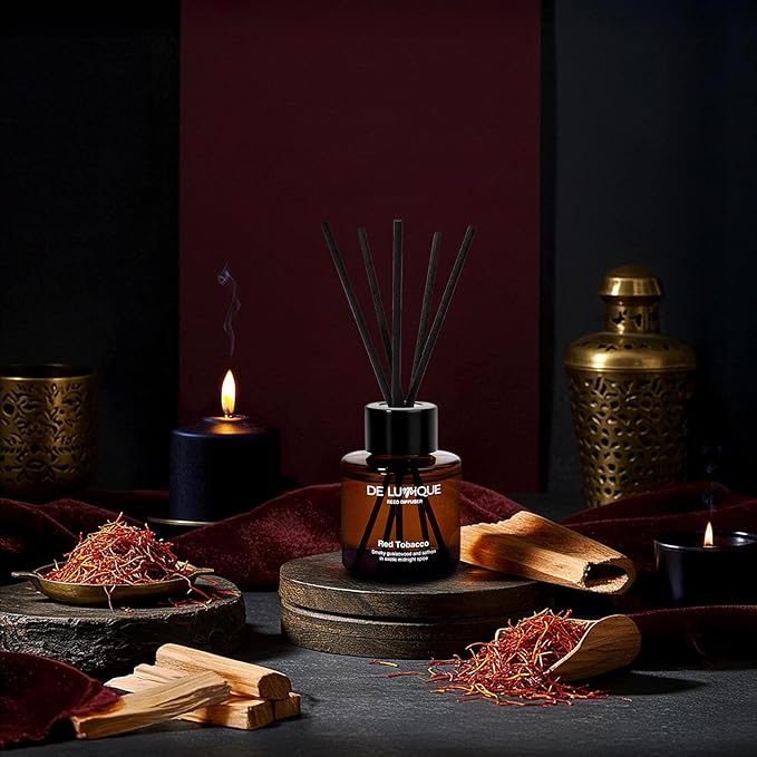 Red Tobacco Reed Diffuser – Luxury Aromatherapy Diffuser with Essential Oils, Long-Lasting Scent for Home, Office, or Bedroom – 50ml