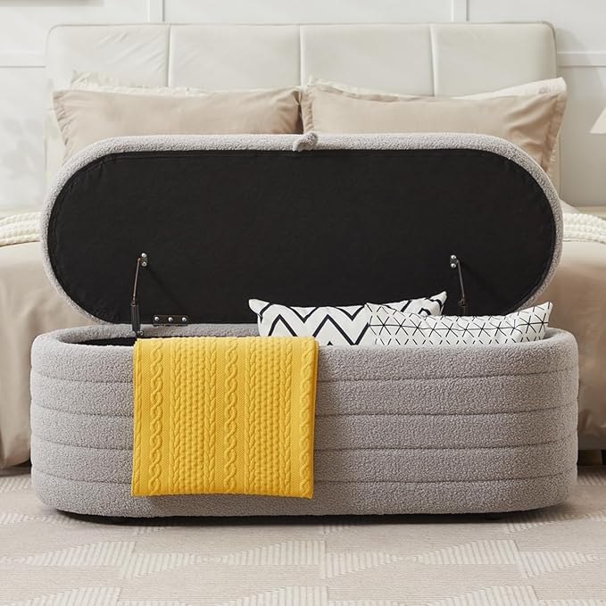 Storage Ottoman Bench End of Bed for Bedroom,45 inch Boucle Upholstered Entryway Shoe Seat Bench w/ Storage,Sherpa Modern Cute Padded Blanket Chest Stool Foot Rest for Living Room,Window Seating, Grey