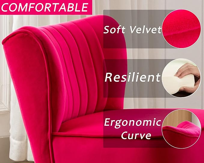 Velvet Accent Chair Set of 2 Comfy Living Room Chair Armless Slipper Chair Mid Century Side Single Sofa Chair with Golden Legs Wingback for Bedroom Guest Room, Hot Pink