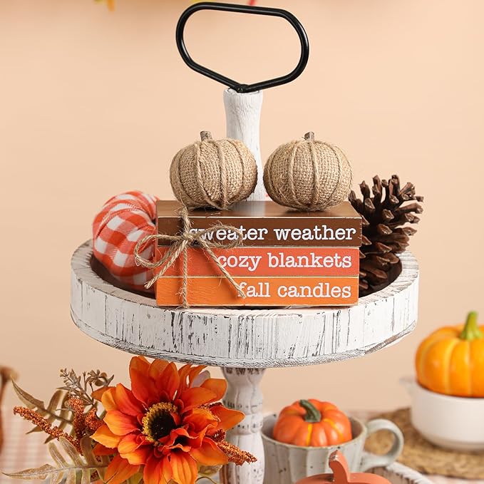 KORMMCO Thanksgiving Decor, Fall Tiered Tray Decor, Wood Book Stack with Maple Leaves & Pumpkins, Farmhouse Mini Decorative Books Bundle, Fall Decor for Table