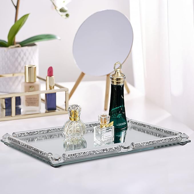 Mirror Crystal Perfume Tray,Crushed Diamond Filled Crystal Glass Vanity Tray,Jewelry Trinket Holder,Decorative Tray for Home,Party,Hotel Banquet