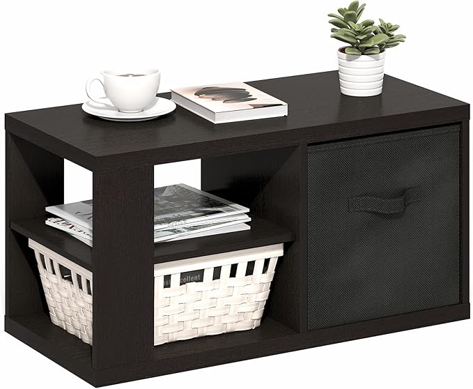 Furinno Viola Coffee Table, 3-Tier Modern Coffee Table with 1.2" Thick Tabletop, Side Table with Open Shelf and Storage Bin, for Living Room, Bedroom, Home Office, Dark Oak