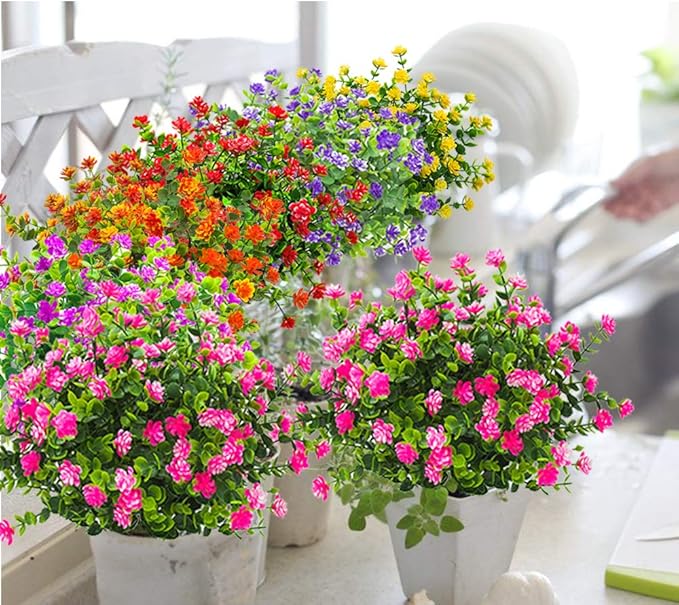 10 Bundles Artificial Fake Flowers, Faux Outdoor Plastic Plants UV Resistant Shrubs Outside Indoor Decorations (Pink-Eucalyptus)