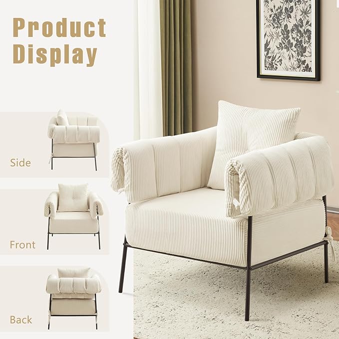 Furniliving Modern Accent Chairs Comfy Chairs with Pillow Lounge Chair Reading Chair for Living Room Upholstered Bedroom Arm Chair with Metal Frame, Armchair, Soft Cushion, Corduroy, Beige