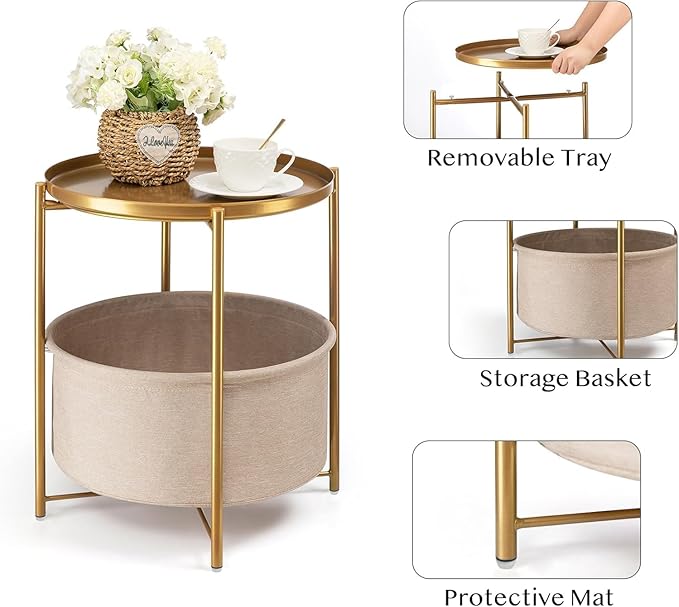 danpinera Round Side Table with Fabric Storage Basket, Metal Side Small Bedside Table Nightstand with Removable Tray Top for Living Room, Bedroom, Nursery, Laundry, Gold