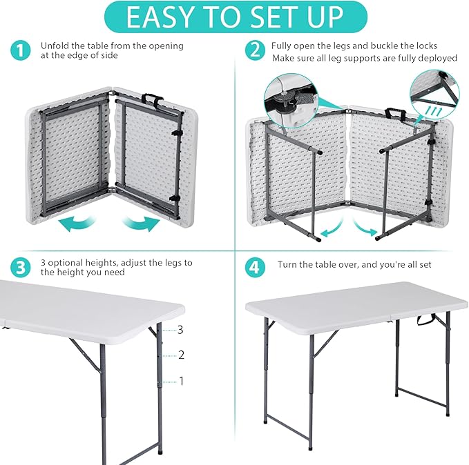 ZenStyle 4 ft Folding Table - 48"x24" White Rectangular Portable Plastic Table for Indoor, Indoor, Outdoor, Camping, Parties & Events | Lightweight Multi-Purpose Utility & Dining Table