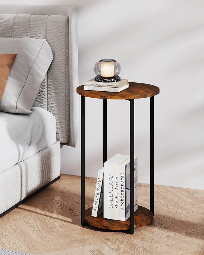 Round Side Table, Small End Table with Storage Shelf, Accent Table for Living Room, Bedroom and Small Spaces, Metal Frame, Rustic Brown & Black, 15.75" Dia x 25.4" H