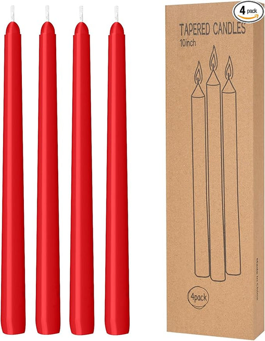 4 Pack Red Taper Candles - Taper Candles 10 Inch Dripless, Smokeless & Unscented - 8 Hours Long Burning - Hand Poured Tall Candlesticks - Ideal for Weddings, Dinner Parties, and Home Decor