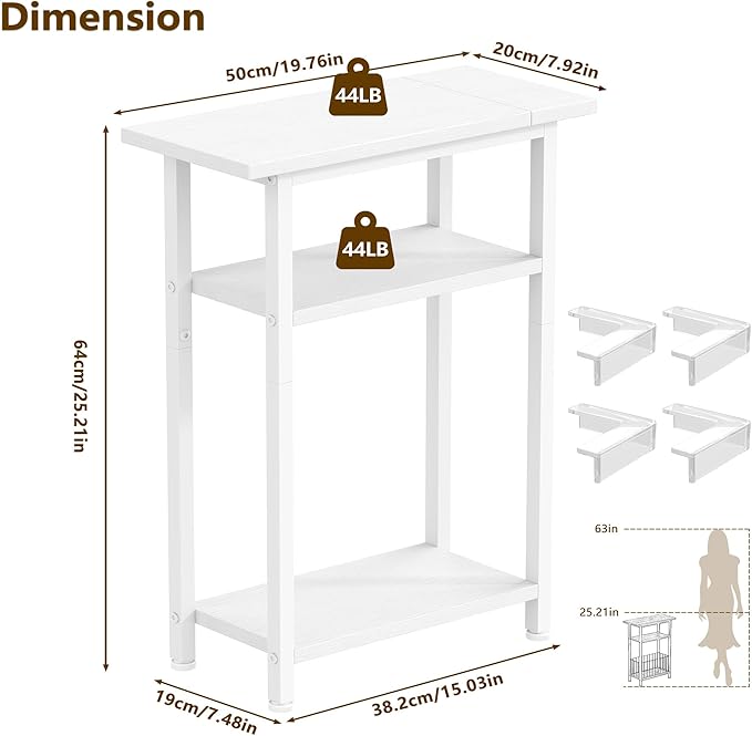 Heybly Small Narrow Side Table for Small Space, Thin Bedside Table, Slim Sofa Table, Skinny End Table, 25.2" Tall Nightstand, Couch Table for Living Room, Bedroom, Study, Balcony, White, HET005WT1