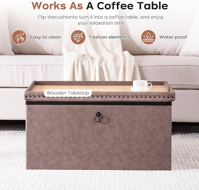 30 Inches Storage Ottoman Bench, Foldable Foot Rest with Rivet Design, 15 x 30 x 15 Inches, End of Bed Bench Footstool, Storage Chest, Load up to 330 lb, for Living Room, Bedroom, Entryway, Oak Brown