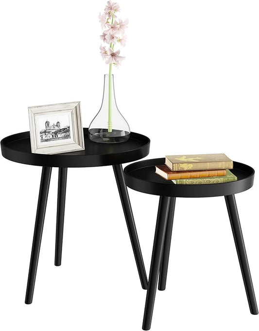 Nesting Side Tables - Set of 2 Round End Tables for Living Room, Bedroom, or Home Office - Accent Table Set with Tray Tops - Mid-Century Modern Living Room Furniture by Lavish Home (Black)