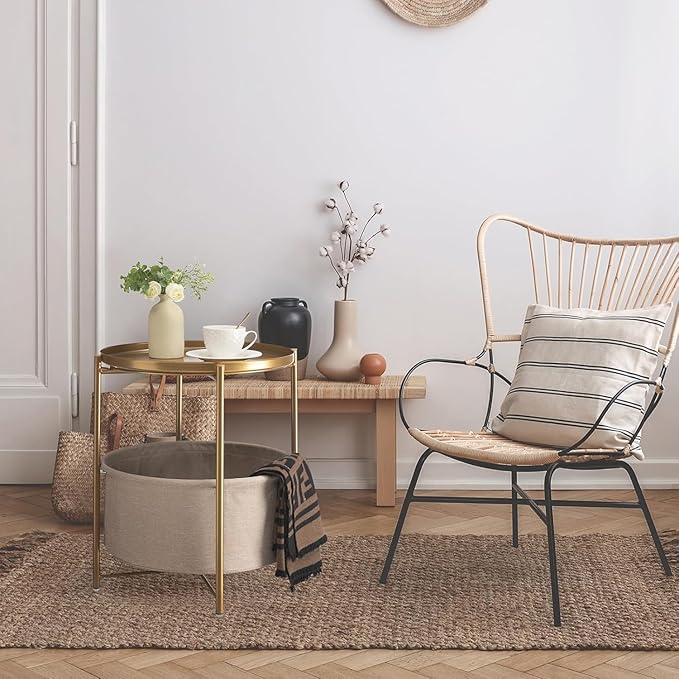 danpinera Round Side Table with Fabric Storage Basket, Metal Side Small Bedside Table Nightstand with Removable Tray Top for Living Room, Bedroom, Nursery, Laundry, Gold