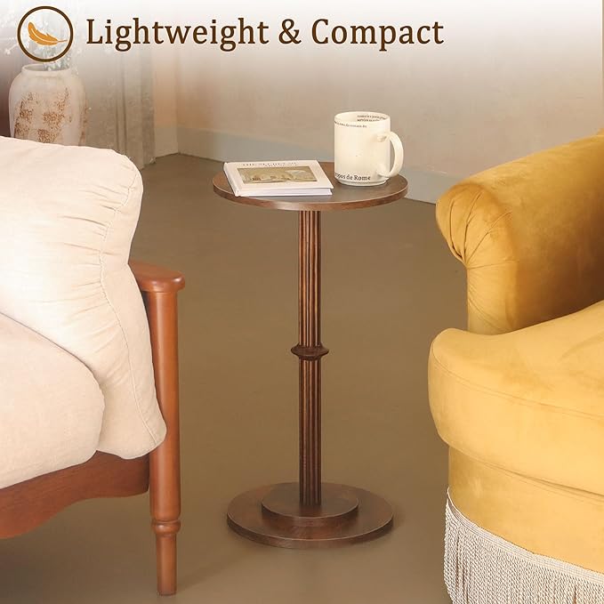 MaxSmeo Drink Table, Small Side Table for Small Spaces, Modern Round End Table with Fluted Wood Leg, Rustic Brown