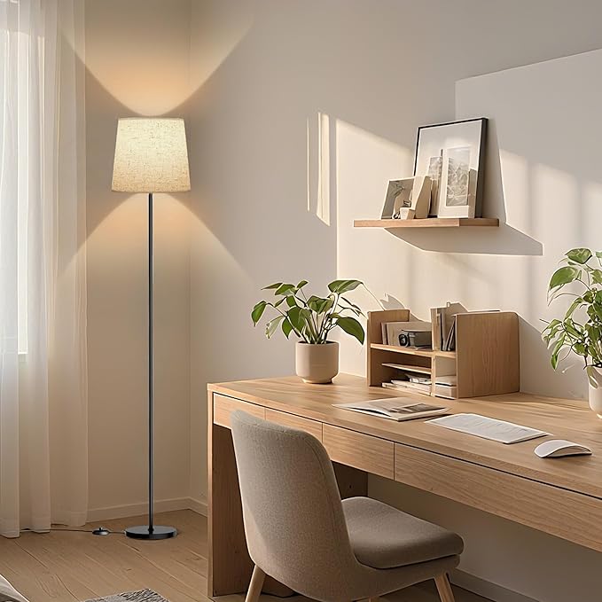 Floor Lamp with Linen Shade - 62" Tall LED Standing Lamp with Foot Switch, 3 Color Temps, 9W E26 Bulb Included, Black Floor Reading Light Corner Lamp for Living Room Bedroom Office Dorm