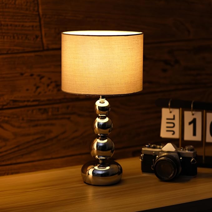 Small Modern Bedside Table Lamp, 7 x 7 x 13 Inch Farmhouse Table Lamps, Silver Metal Ball Table Lamp for Living Room Bedrooms and Office (Silver-Grey Fabric Lampshade)