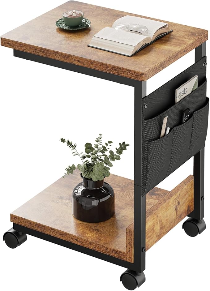 Side Table,C Table with 2-Tier Storage Shelf, End Table with a Storage Bag, Sofa Table with Wheels for Living Room, Bedroom, Office, Bathroom, Rustic Brown