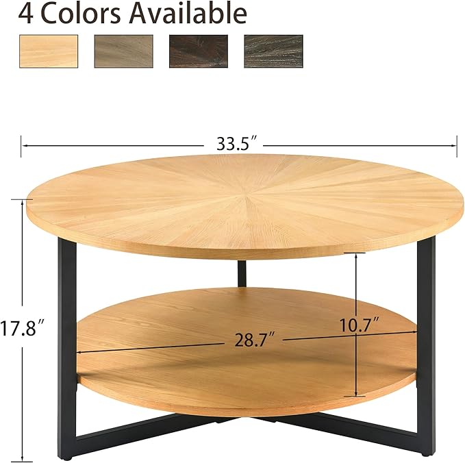 Round Coffee Table with Storage Shelf, 33.5in Circle Accent Center Table with Black Metal Legs, 2-Tier Industrial Cocktail Table for Living Room, Oak-1338OA