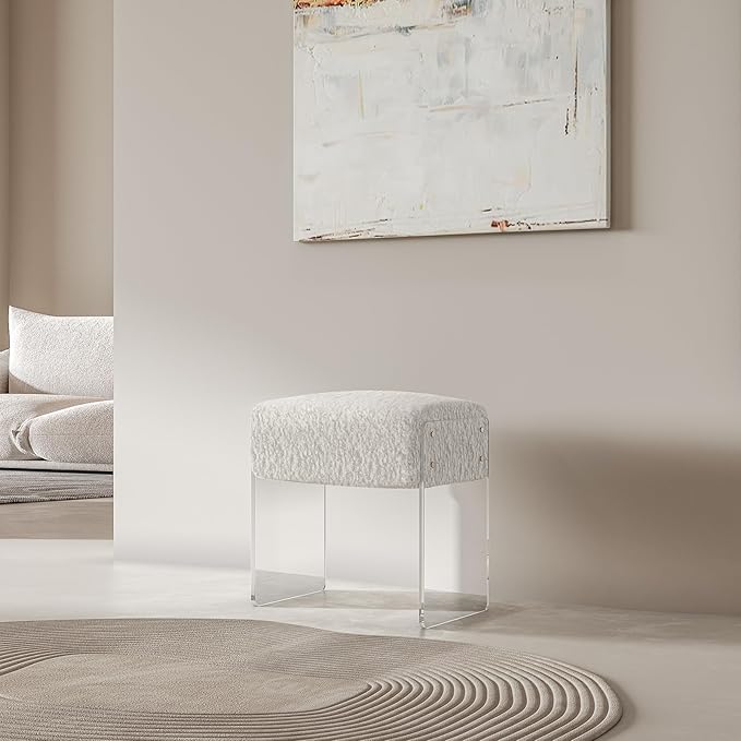 Vanity Stool Chair and Pouf Ottoman-Modern Multifunctional Vanity Stool and Foot Rest with Wool and Acrylic Leg for Makeup Room, Living Room, Bedroom