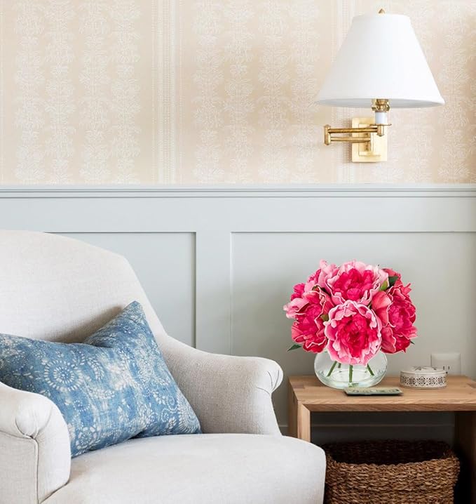 Hollyone Peonies Artificial Flowers with Vase Hot Pink Faux Flowers Peony Fake Flowers Silk Flower Arrangements in Glass Vase with Faux Water for Home Decor Bathroom Table Centerpiece Decorations