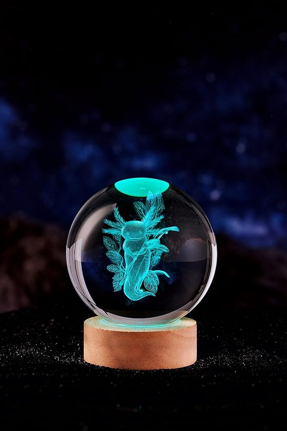 Axolotl Crystal Ball Lamp with LED Wooden Base, 16 Colors Change & Remote Control Crystal Ball Night Light, Upgraded 3.15 Inch Glass Light, Gift for Kids Wife Girlfriend (Axolotl B)