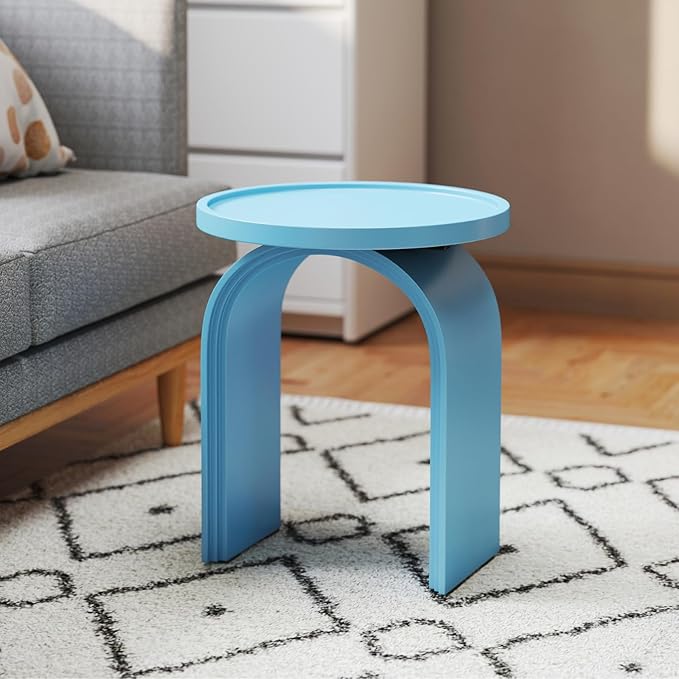 Round Side Table, Modern Wood End Table with Sturdy Base, Small Blue Drink Table for Living Room, Bedroom and Small Spaces