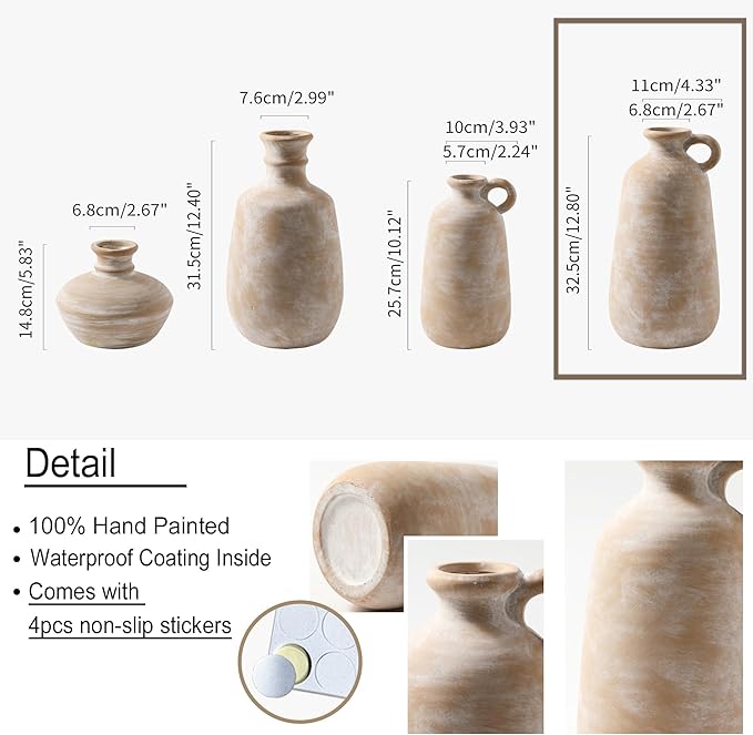 Ceramic Rustic Vase, 12.8" Large Flower Vases Home Decor for Pampas Farmhouse Decorative Pottery Clay Vase for Mantel Entryway Table Living Room Kitchen Bathroom Bedroom