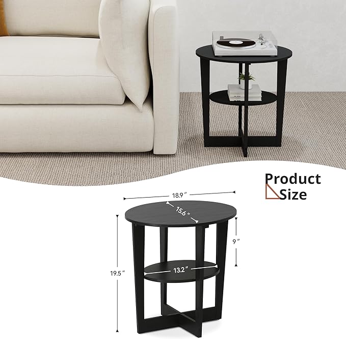 Living Room End Table, Small Side Table with 2-Tier Open Storage for Small Spaces, Apartment Home Office, Black