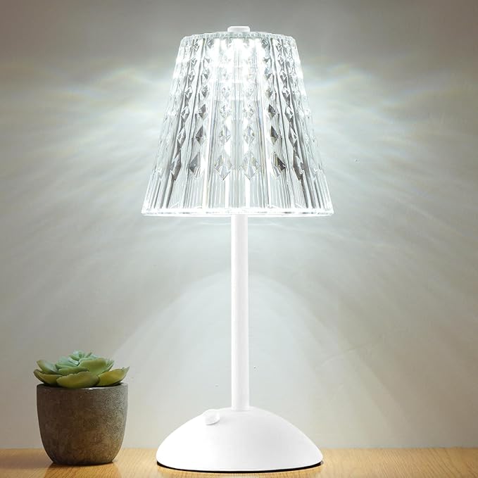 Cordless Touch Table Lamp, LED Rechargeable Small Dask Lamp, 3 Colors Dimmable Battery Operated Crysta Lamp for Bedroom Restaurant Kitchen Home Decor, White