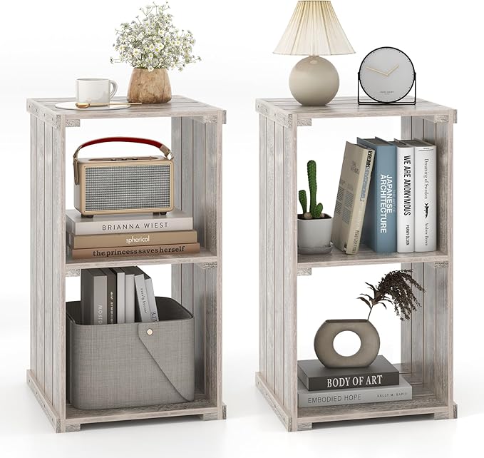 Giantex 2-Cube Bookcase Set of 2, 3-Tier Paulownia Wood Cubic Organizer w/Open Back, Freestanding Cubby Storage Shelf, Slatted Wooden End Table, Farmhouse Style Bookcase for Living Room, Bedroom