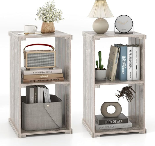 Giantex 2-Cube Bookcase Set of 2, 3-Tier Paulownia Wood Cubic Organizer w/Open Back, Freestanding Cubby Storage Shelf, Slatted Wooden End Table, Farmhouse Style Bookcase for Living Room, Bedroom