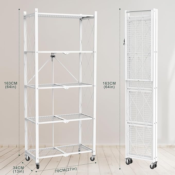 64" H 5 Tier Foldable Storage Shelf with Wheels, Folding Shelving Loads 500 LBS, Metal Steel Garage Shelves, Rolling Standing Utility Rack for Kitchen, Pantry, Office, White