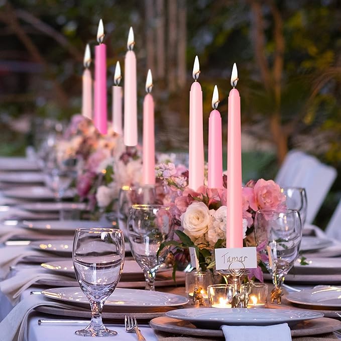 12-Inch Assorted Pink Taper Candles, 6-Pack Smokeless Dripless Long Candlesticks, Unscented Tapered Dinner Candles for Home, Wedding, Party, and Romantic Decor