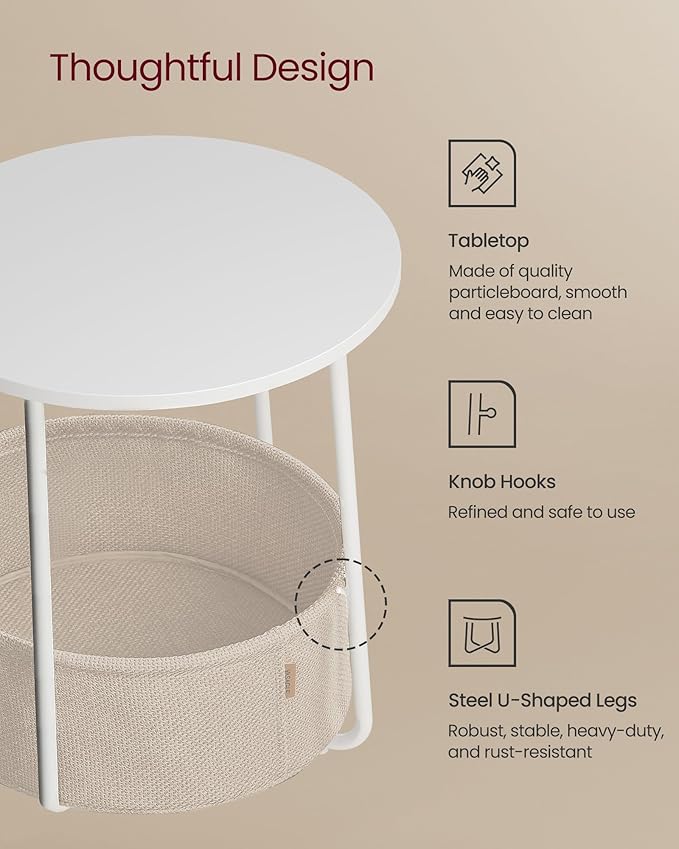 VASAGLE LILEA Collection - Small Round Side End Table, Modern Nightstand with Fabric Basket, Matte White and Camel Brown ULET223W10
