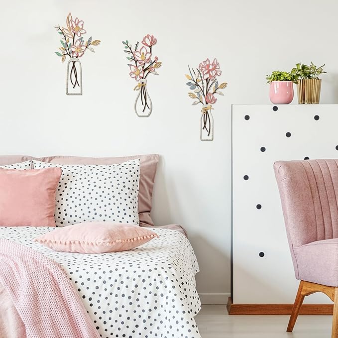 ARTINME 3 Pieces Metal Flowers Wall Arts - Pink and Beige Rustic Farmhouse Decor Minimalist Flower Wall Decors for Living room Bathroom Kitchen Bedroom Dining Room - Housewarming Gifts