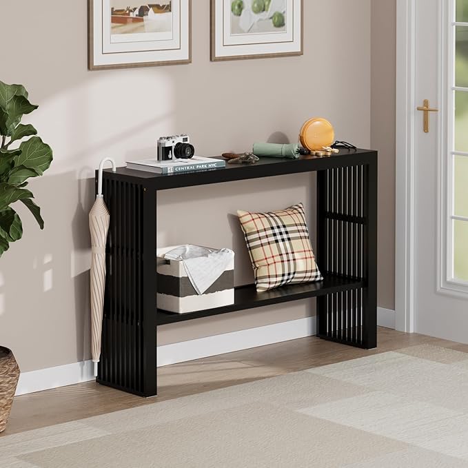 Bamboo 47.2" Narrow Console Table, 2-Tier Farmhouse Side Table, Rectangular Entryway Table, Modern Sofa Table Behind Couch with Storage Shelves for Entrance, Living Room, Hallway, Foyer (Black)