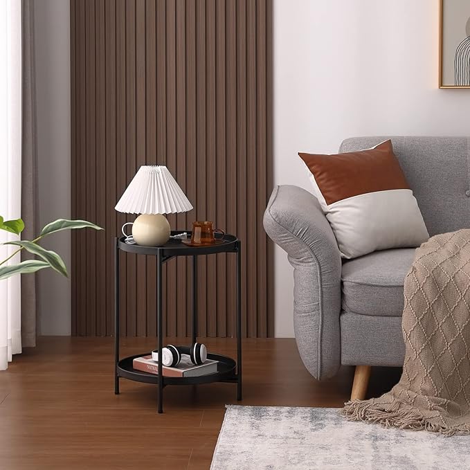 Tiita Round End Table Mental 2-Tier Side Table Nightstand/Small Iron Tables Accent Coffee Table for Living Room Bedroom Office Small Space