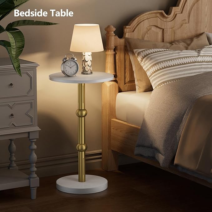 Drink Table, Small Round Side Table for Small Spaces, Modern Accent Round End Tables with Metal Leg, Thickened Wood Pedestal Coffee Tables for Living Room, Bedroom, Narrow Corners,Sofa Couch