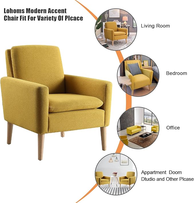 Lohoms Set of 2 Accent Chair for Living Room, Mustard Yellow Comfy Reading Leisure Chair for Bedroom, Mid-Century Modern Fabric Upholstered Armchair for Reading Nook, Waiting Area, Wood Legs