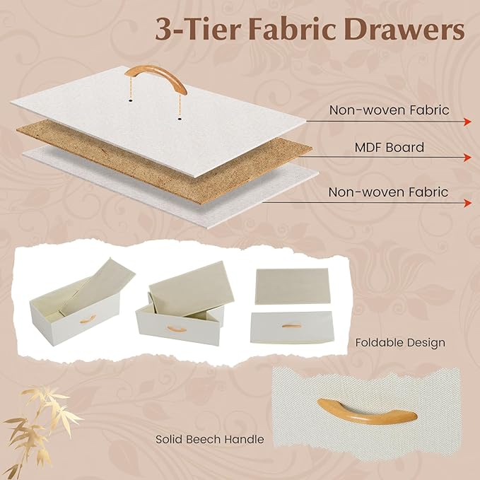 Giantex 5-Drawer Dresser for Bedroom, Bamboo Storage Tower with 5 Foldable Fabric Drawers & Top Shelf, Modern Chest of Drawers, Tall Vertical Organizer Unit for Closet, Living Room, Hallway, Natural