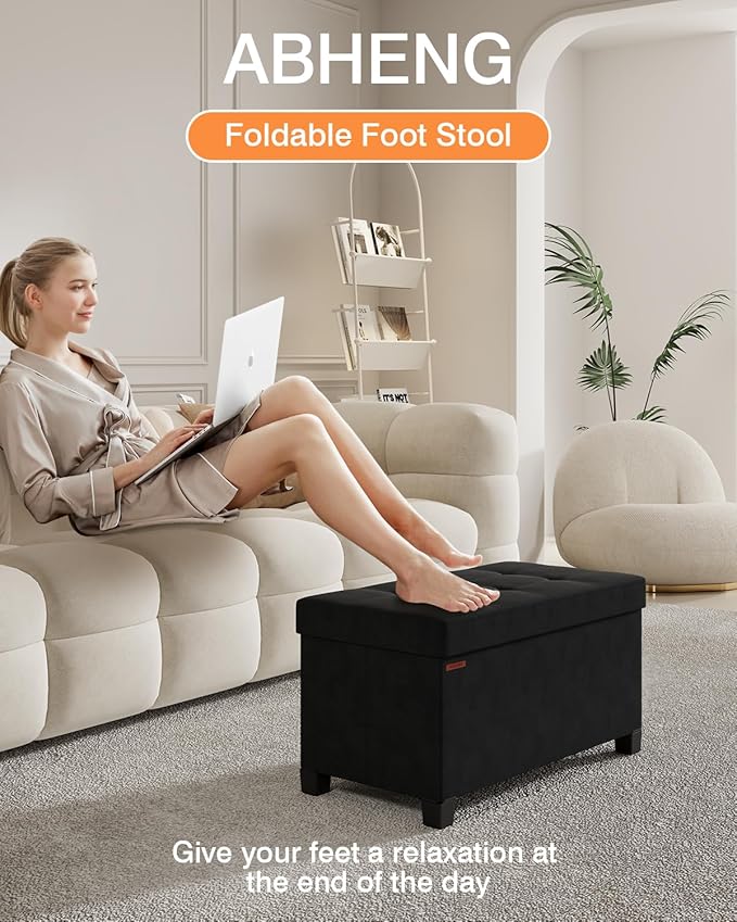 Foldable Storage Ottoman Bench, Velvet Footrest and Seat Cube with Feet, Storage Chest, for Living Room, Bedroom and Office, 15 x 30 x 15.7 Inches, Ink Black,ASND23B
