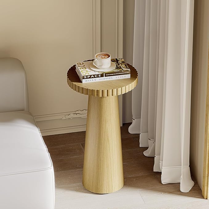 Small Side Table, Wood End Table with Fluted Pedestal Base, Round Drink Table for Small Spaces, Modern Accent Table for Living Room, Bedroom or Sofa Side (1, Oak)