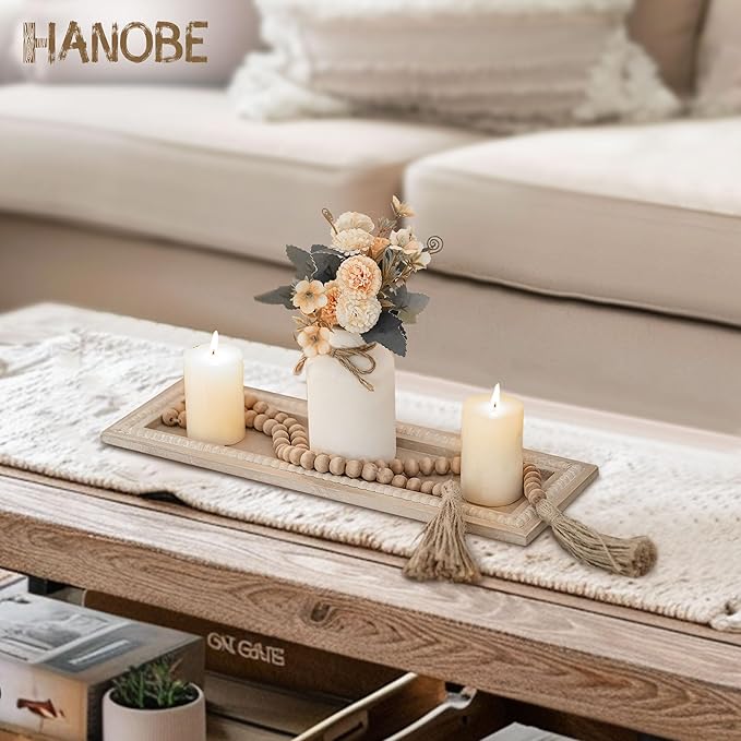 Hanobe Decorative Wood Candle Tray: Rustic Rectangle Beaded Centerpiece Table Decorations Farmhouse Long Narrow Tealight Candle Holders Plate for Dining Room Coffee Table Decor