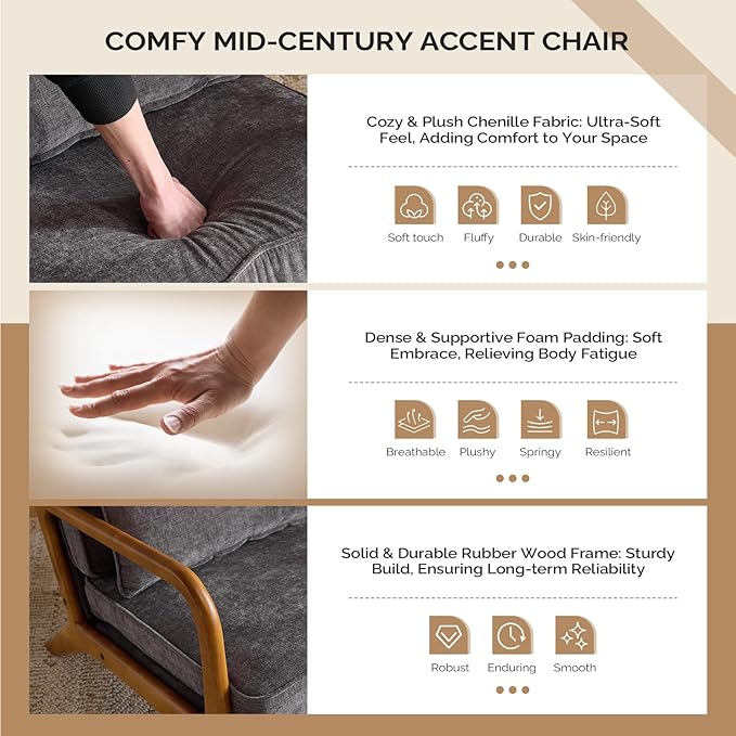 VINGLI Chenille Mid-Century Modern Accent Chair, Cute Reading Arm Chair with Cushion & Lumbar Pillow & Solid Wood Frame for Lounge, Living Room, Reading Room, Bedroom, Dark-Gray