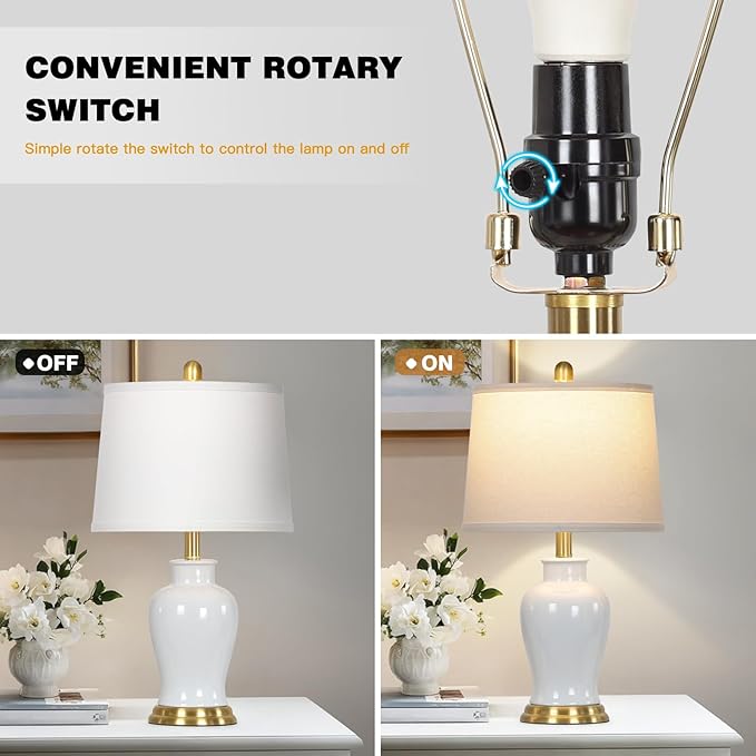 White Ceramic Table Lamps Set of 2, 23" Modern Ceramic Bedside Lamps with Ginger Jar Design, Farmhouse Lamp for Living Room End Table, Elegant Bedroom Lamp for Nightstand Desk Side Home Decor