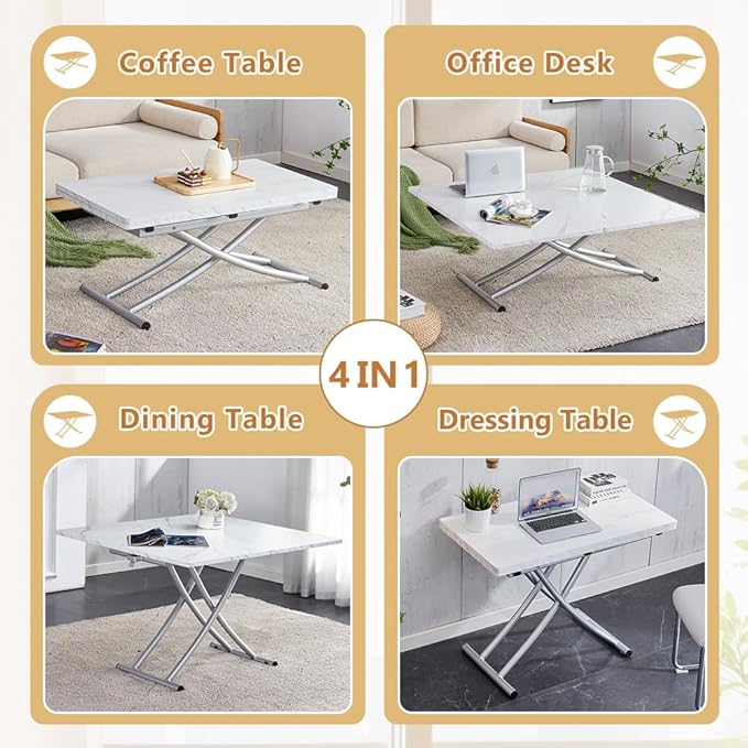 4 in 1 Folding Dining Table with Adjustable Lift Top & Wheels, Multi-Function Coffee Table to Dining Table for Apartments, Kitchens, Living Rooms, Scratch-Resistant & Easy Assembly
