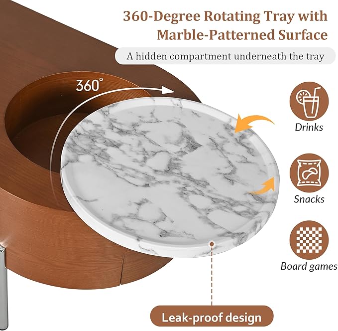 Lift Top Coffee Table with Hidden Compartment, Modern 47.2'' Oval Wooden Center Table Cocktail Tea Table with 360-degree Marble-Patterned Rotating Tray and 3 Drawers for Living Room, Brown